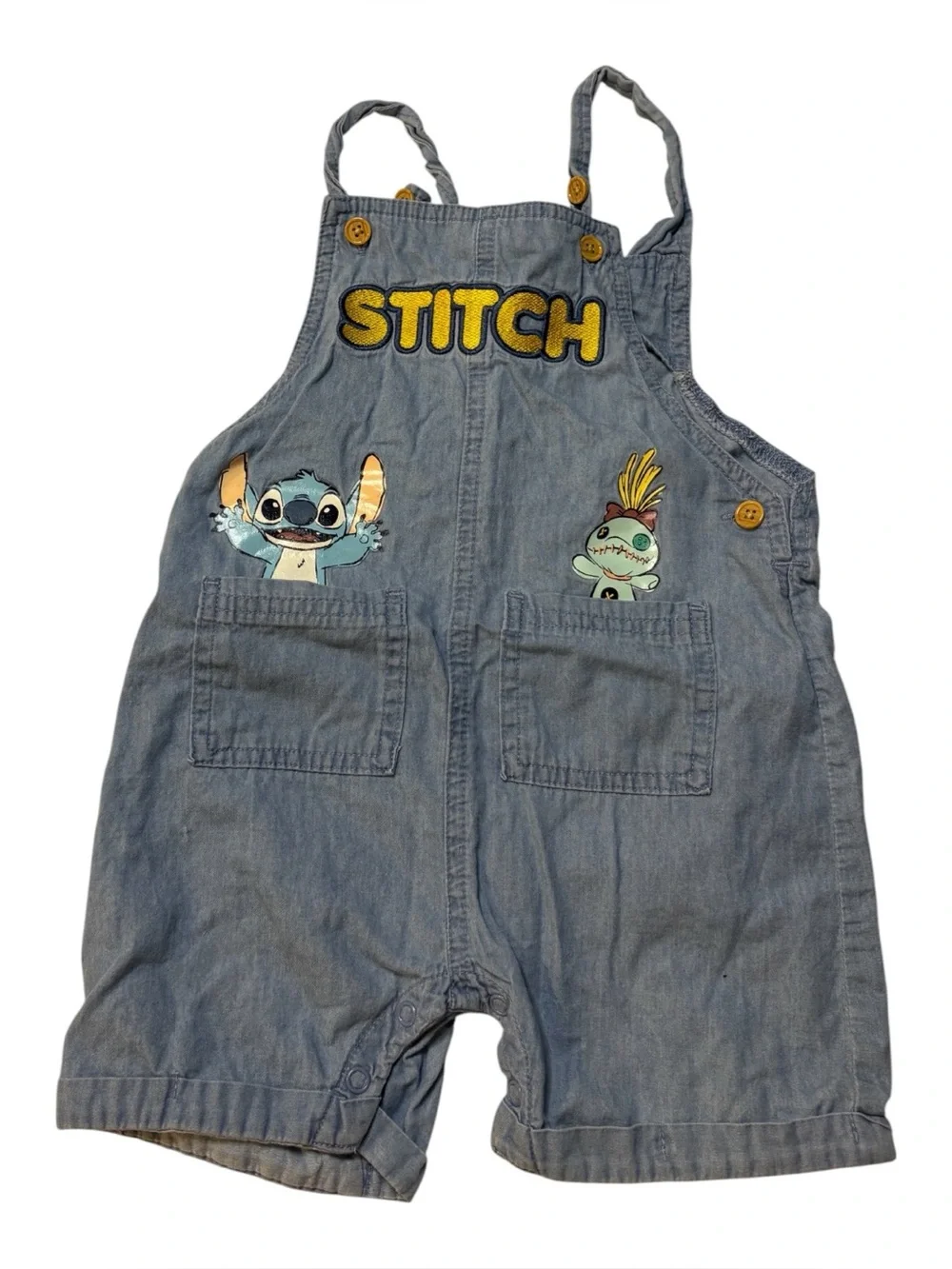 Disney Baby Denim Stitch Shortalls with Yellow Patch & Blue Appliques